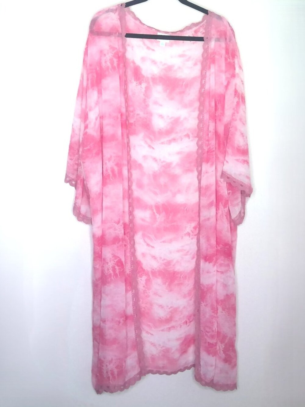 LuLaRoe Long Flowy Robe Carigan Kimono Pink Fairy Watercolor Floral Lace Trim XL
